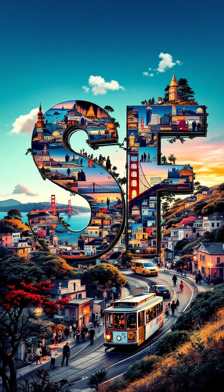 AI generated: A striking, high-contrast cinematic photo-style vertical collage that captures the essence of San Fr...