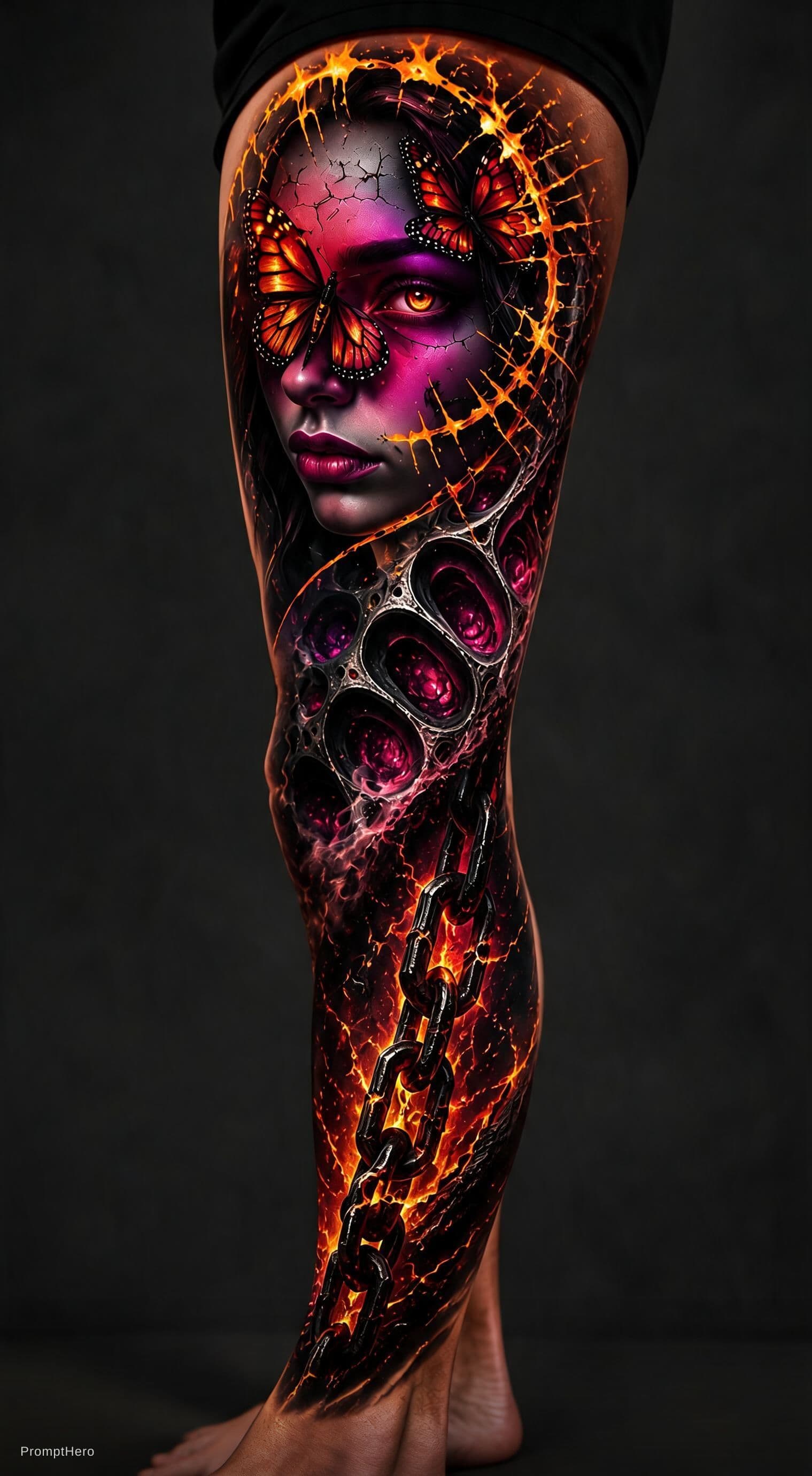 AI generated: masterpiece full leg tattoo design, ultra premium contemporary realism tattoo, hyper realistic black...