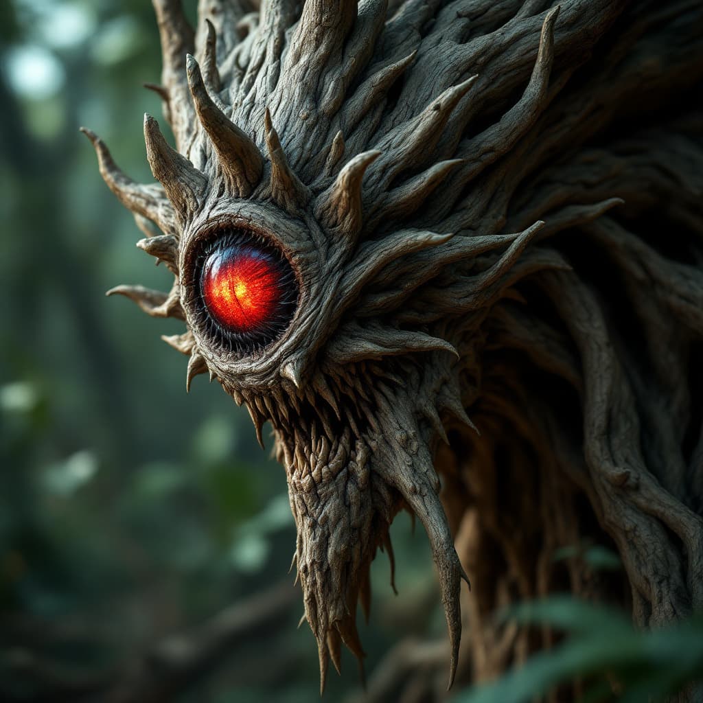 AI generated: a scary looking wood creature with a red eye, in the style of filip hodas, daz3d, sandy skoglund, na...