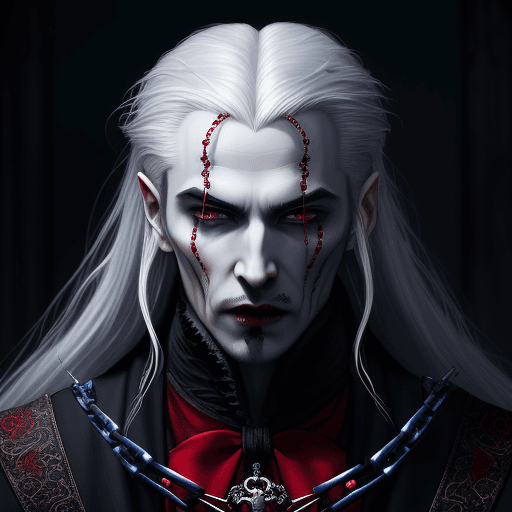 AI generated: Dracula, blue hues, pale face, blood on lips, brown eyes, vampire fangs, Dracula is entangled by gol...