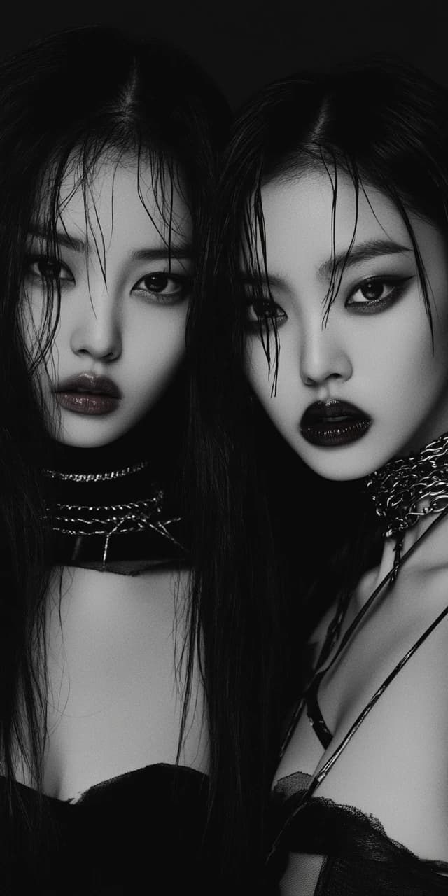 AI generated: Two Asian women, facing the viewer with a dark and seductive gaze, black and white photograph, cente...