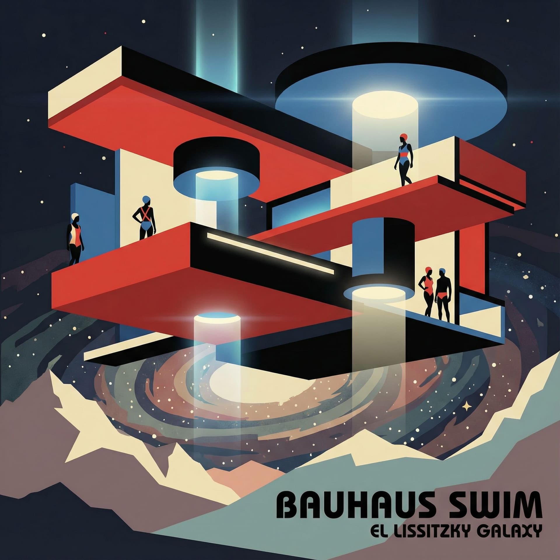AI generated: In the style of el lissitzky, Bauhaus art, epic swimming pool, futuristic, geometric forms, light be...