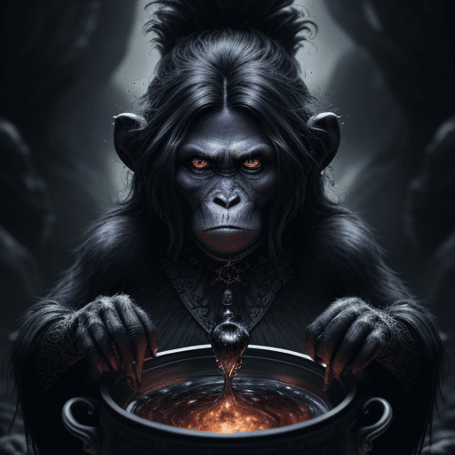 AI generated: Hyper detailed dark fantasy villain, three witches, black bubbling cauldron, black magic, ape monkey...