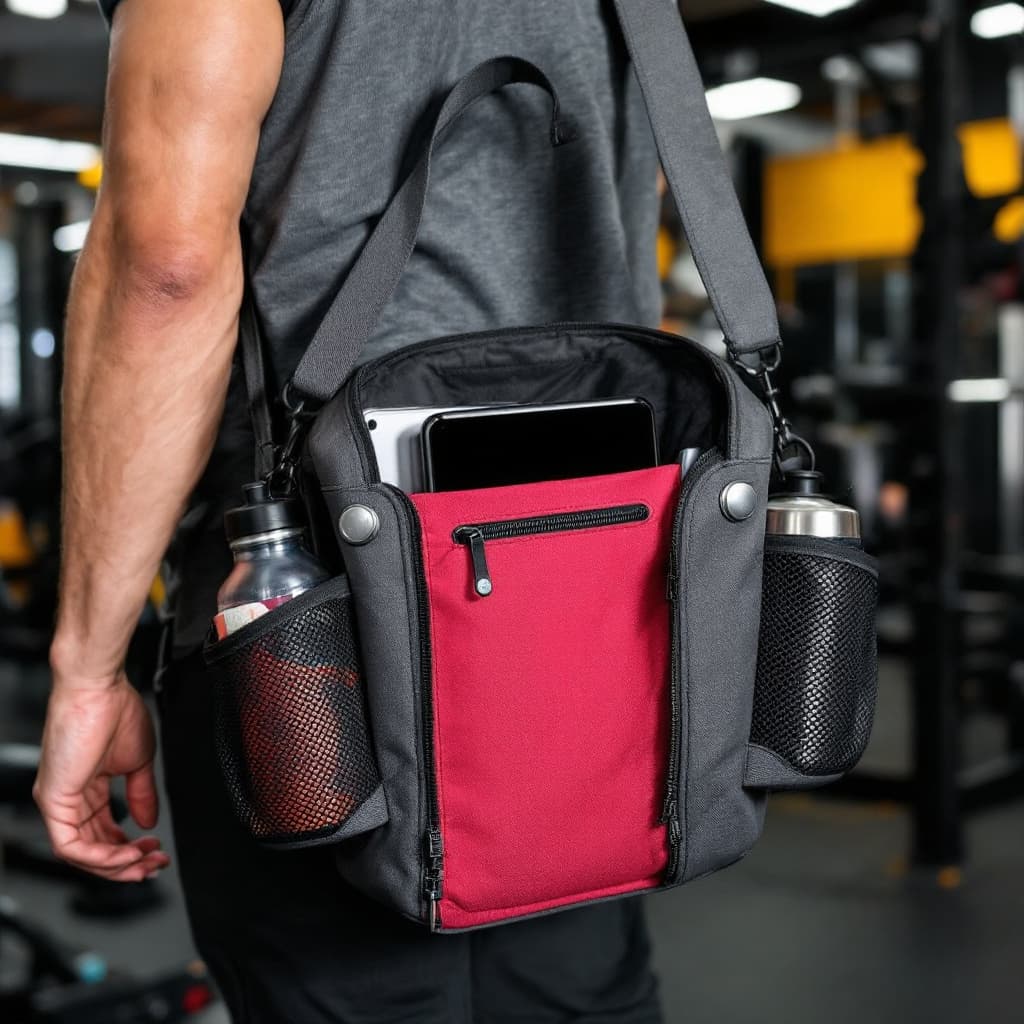 AI generated: Design a versatile and innovative magnetic gym bag that stands out in the market. The bag should fea...