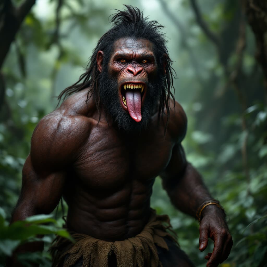 AI generated: High resolution photography, Neanderthal with a jungle background at the mouth of the Amazon, full b...
