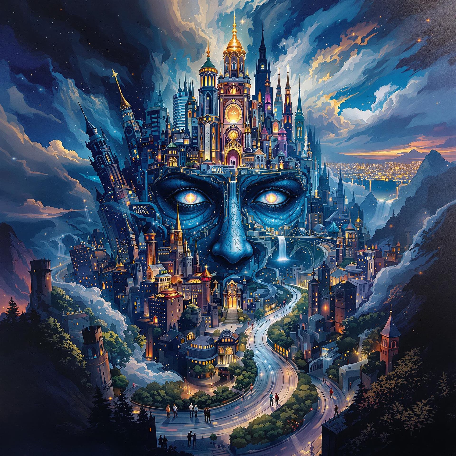 AI generated: A painting, close up to a detailed face of Cityscape in the center, in the style of magic in nature ...