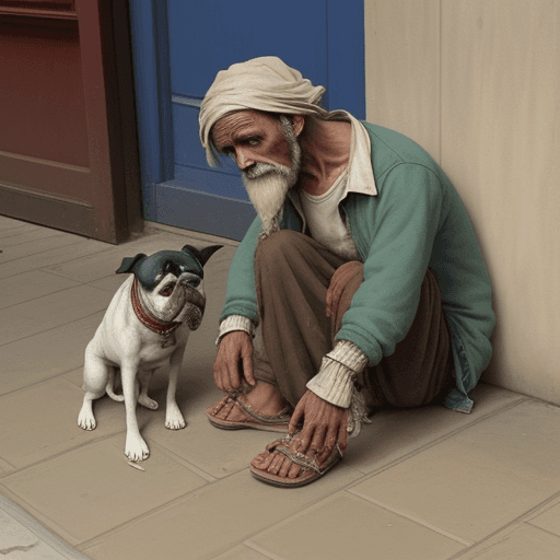 AI generated: Poor beggar with your ugly dog