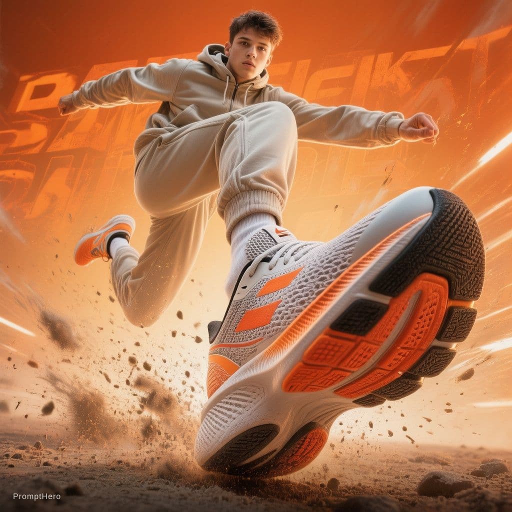 AI generated: A dynamic sportswear advertisement featuring a young athletic male model captured mid-air in an expl...