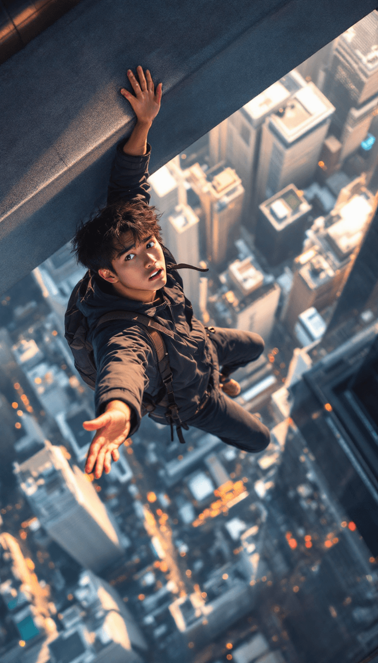 AI generated: Acrophobia composition, a worried Japanese youth hangs from the roof of a skyscraper, clinging to th...
