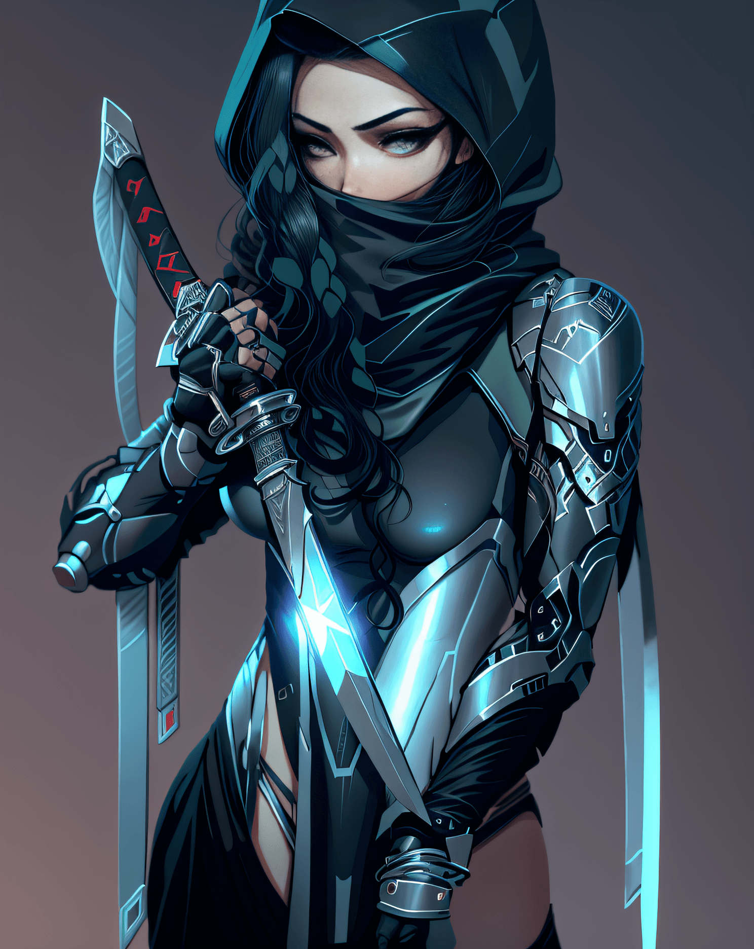 AI generated: a close up of a person with a sword and a hood, an edgy teen assassin, she is holding a sword, femal...