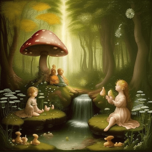 AI generated: an enchanted forest with a little stone cottage and a little stream near by with a little cherub boy...