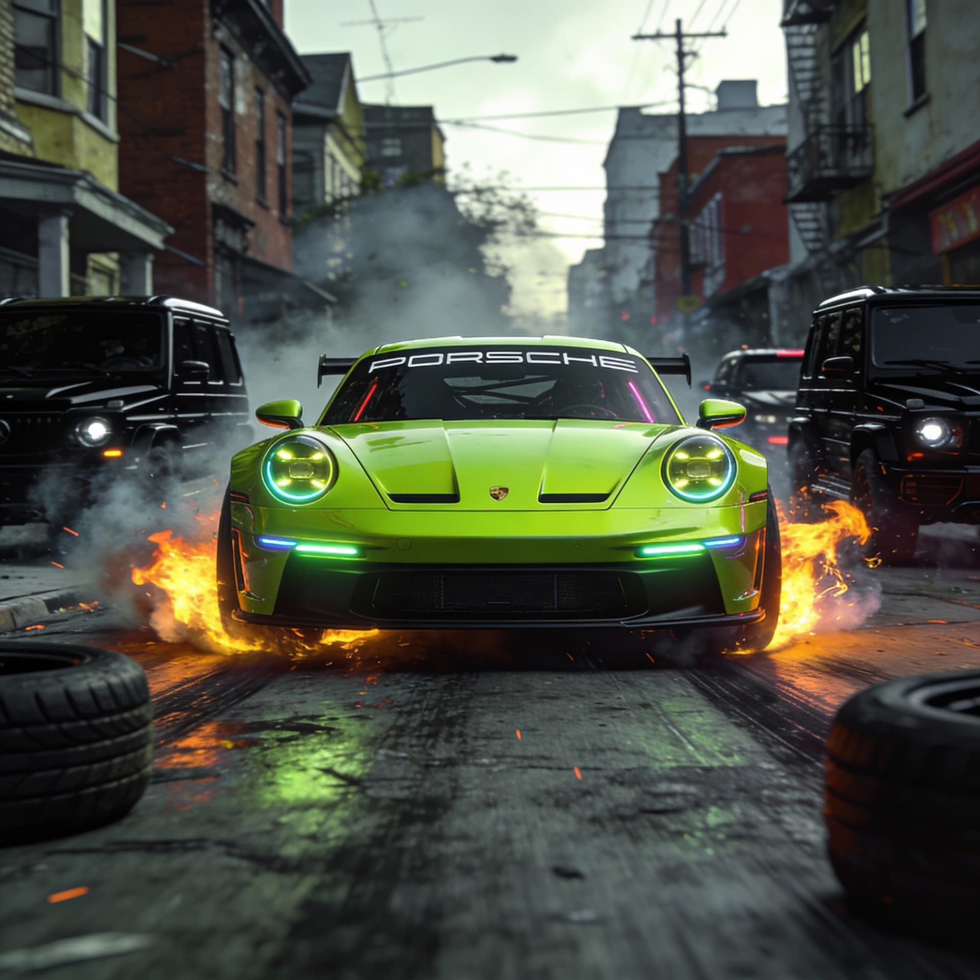 AI generated: Front view of a lime green futuristic porsche with cyberpunk led accent lighting racing forward full...