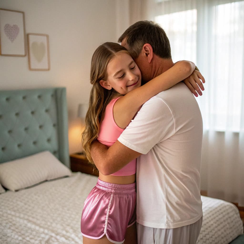 AI generated: Adolescent girl in pink crop silk hugging bedroom lifting dad side