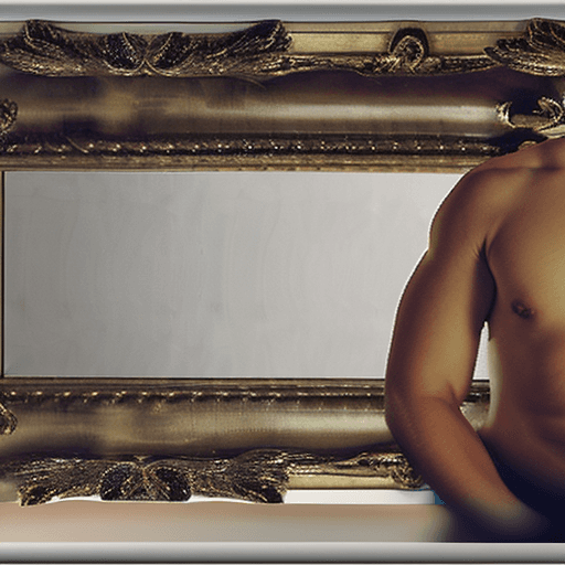 AI generated: Realistic portrait of a naked young man, fully nude, standing in front of a mirror looking at his er...