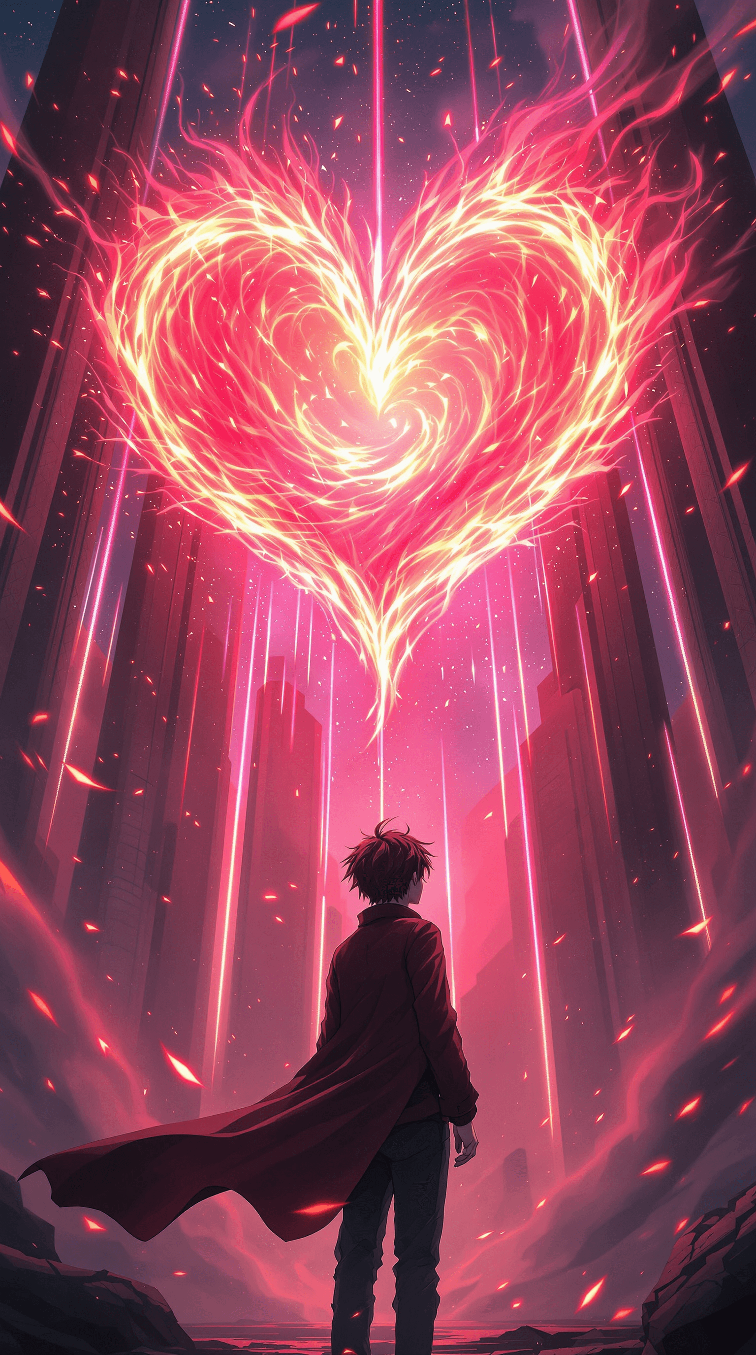 AI generated: A breathtaking anime-style illustration featuring a young male protagonist standing before a massive...