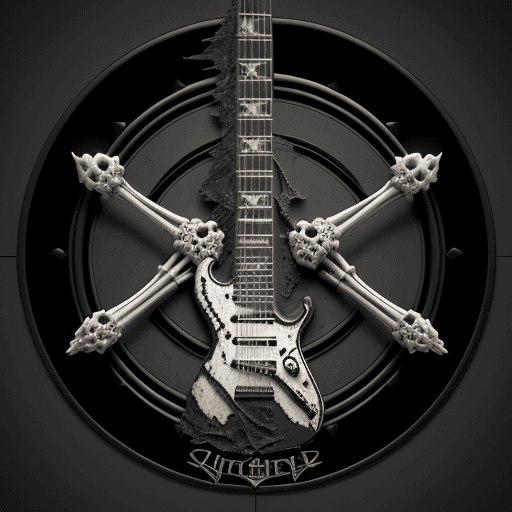 AI generated: Rock band logo, including name "Pretty hard", black marble, carved, sculls, guitars, drums, fibonacc...
