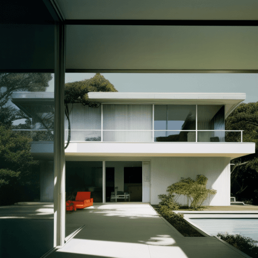 AI generated: Hyper realistic eye level exterior photo of a mid century modern style house overlooking the ocean, ...