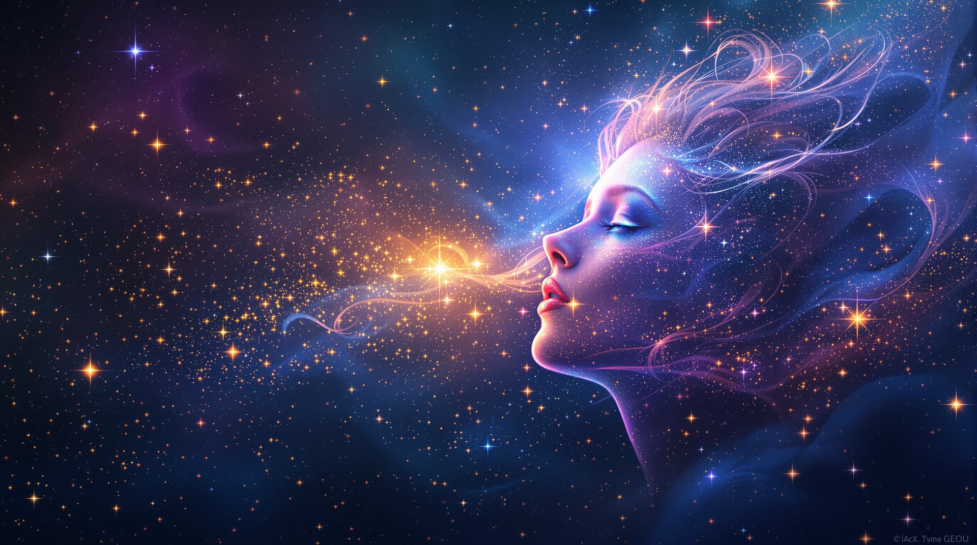 AI generated:  Image is a digital artwork featuring  theme spirit in the sky filled with bright stardust and fract...