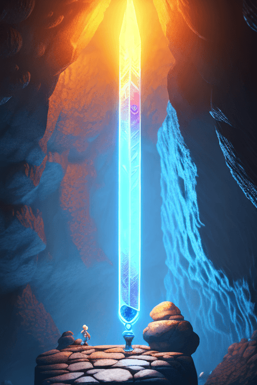 AI generated: a magic sword stuck in a stone inside a cave, videogame asset, fantasy, beautiful lighting, trending...