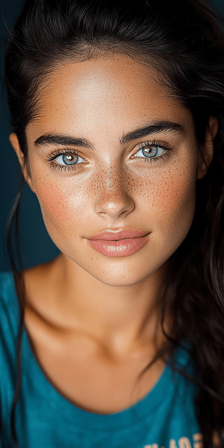 AI generated: Headshot portrait of a young woman, looking straight ahead in the style of Robert Capa, shot on a Ha...