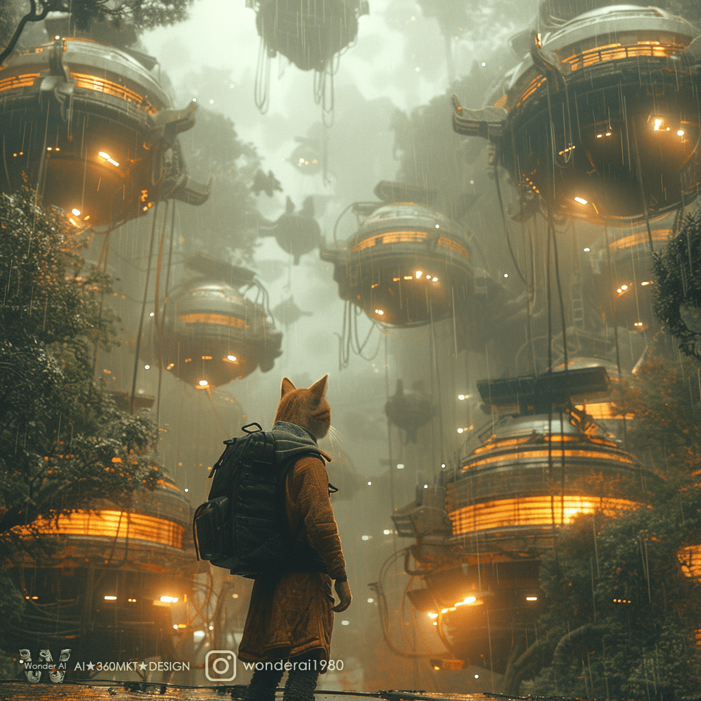 AI generated: A cat stands in the center of an epic, futuristic forest with many flying machines hanging from floa...