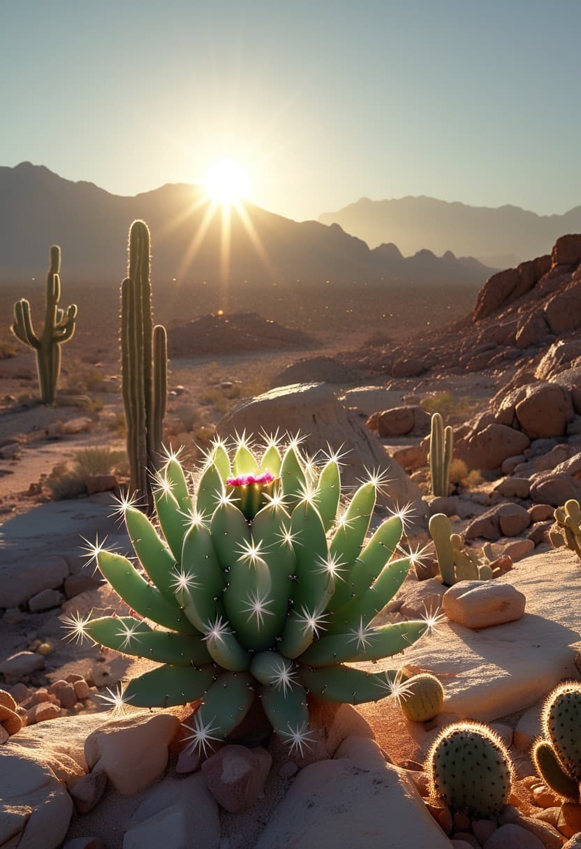 AI generated: Crystalline cacti with gem-like spines in a late afternoon desert. Sun setting behind distant mounta...