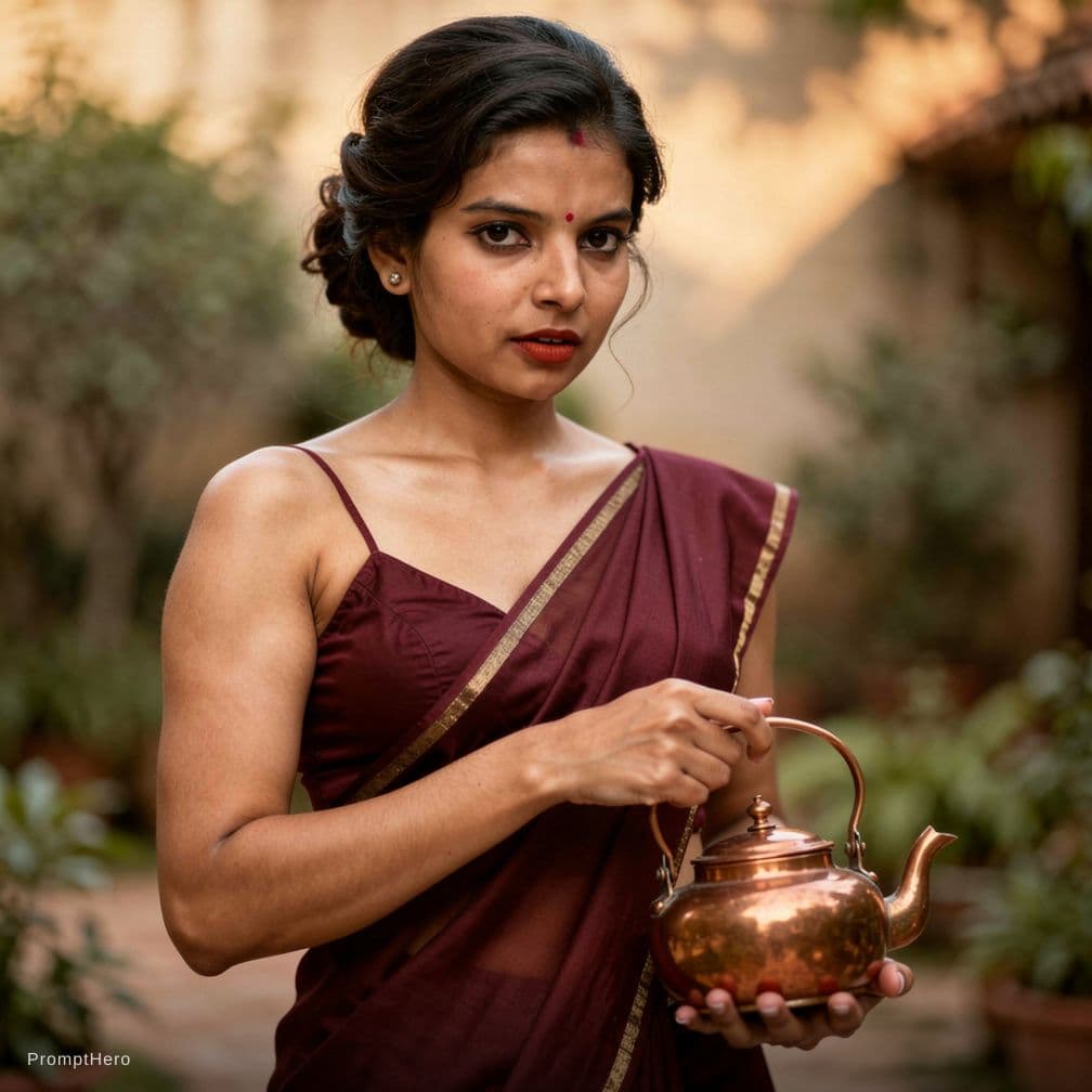 AI generated: A young South Asian woman, appearing to be in her early twenties, with dark, wavy hair styled in an ...
