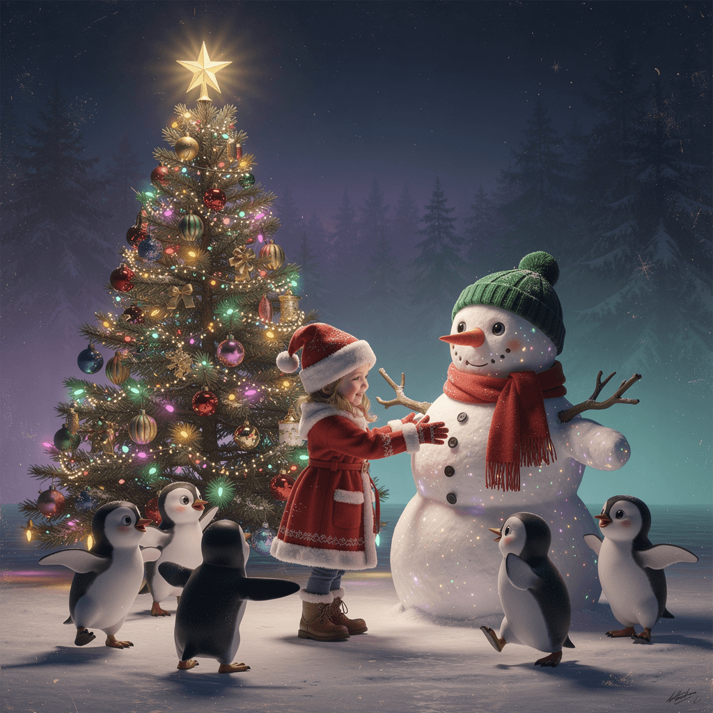AI generated: Tall live Christmas tree lit up in full color with a brilliant Star on top, next to a  photorealisti...