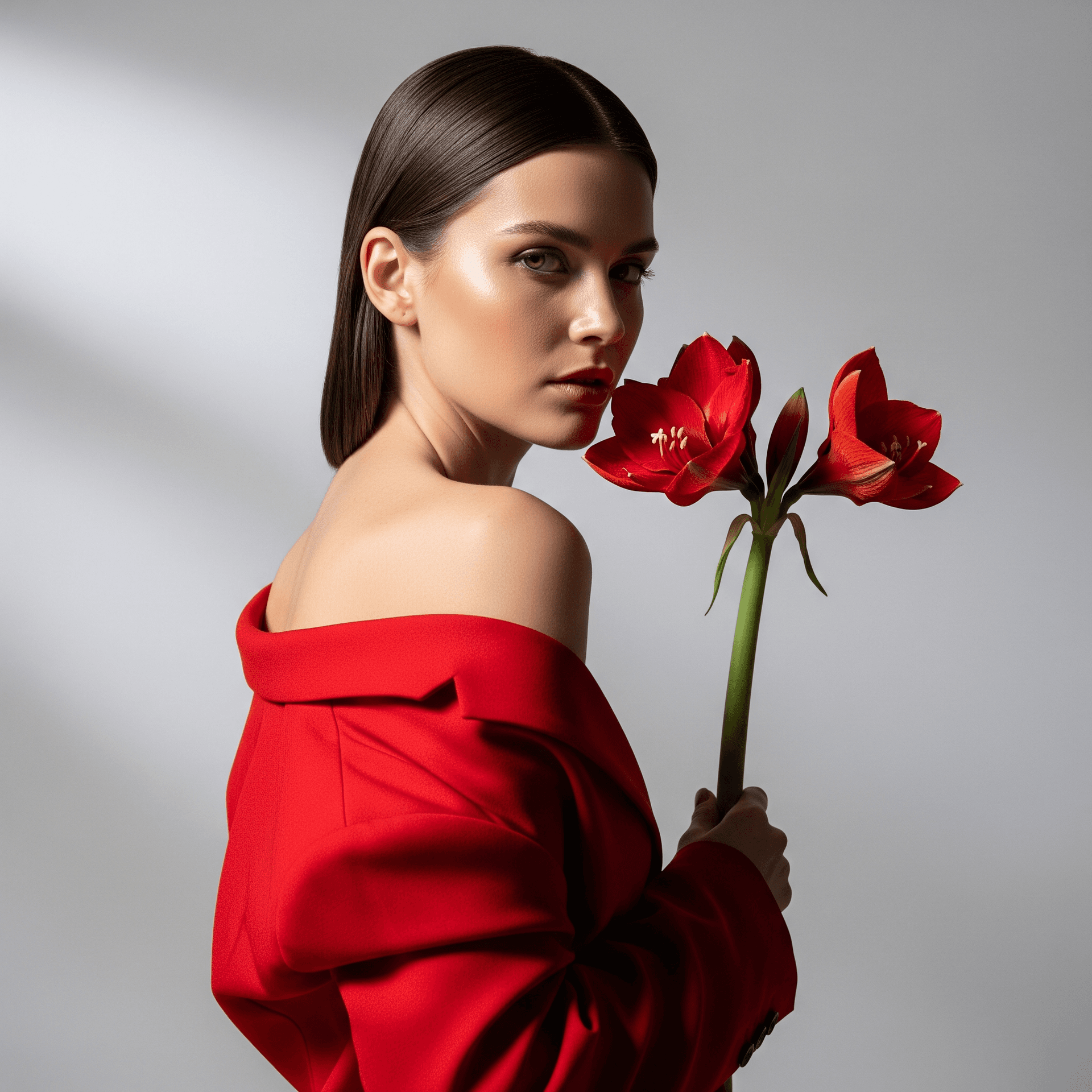 AI generated: Minimalist studio portrait. A woman wearing a scarlet red blazer over bare skin, looking intensely o...