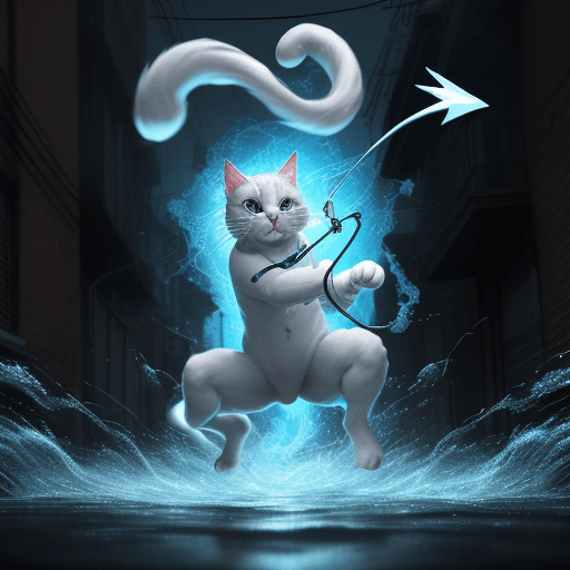 AI generated: an anthropomorphic cat wearing white linen is depicted in an action pose, swirling water with an arr...