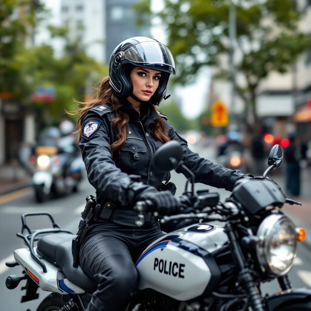 AI generated: police woman,very pertty and fit body,riding a police motocycle on the street, on patrol,police stat...