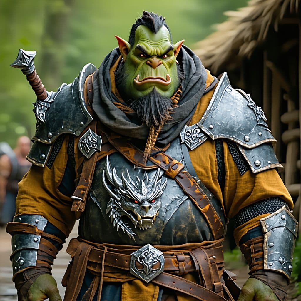 AI generated: D&D orc farmer warlock with a metallic dragon's brand visible under their leather armor.