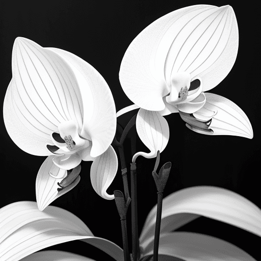 AI generated: Oriental orchid with 9 black and white, gray and sharp leaves