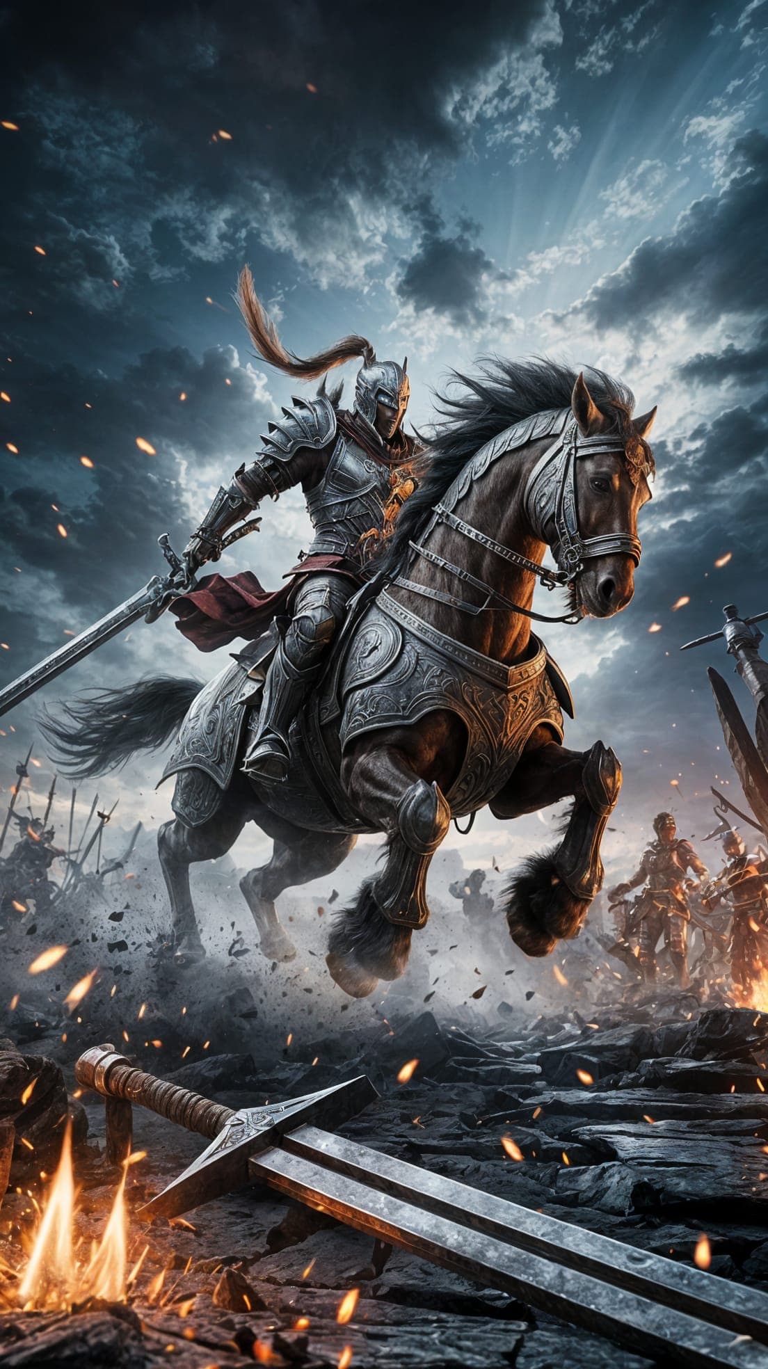 AI generated: A legendary warrior clad in dark mythic armor, mounted on a fierce warhorse rearing up on its hind l...