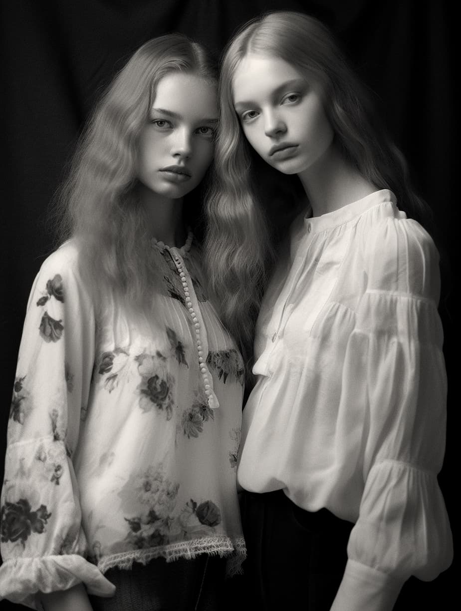 AI generated: a couple of women standing next to each other, in style of paolo roversi, still from a music video, ...
