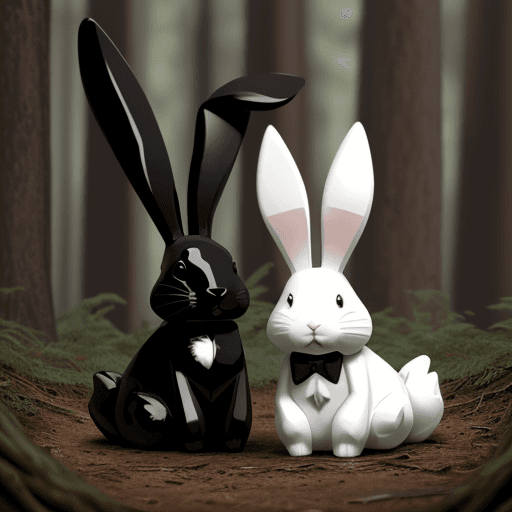 AI generated: A loop ear black and white bunny laying next to a brown bunny in the forest 