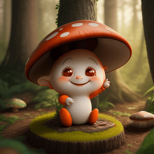 AI generated: cute little character like mushroom in forest, happy and smiling, big cute eyes, ambient light cinem...