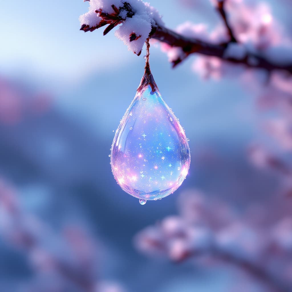 AI generated: A delicate opal water drop hanging from a branch in the early morning light, decorated with glitteri...