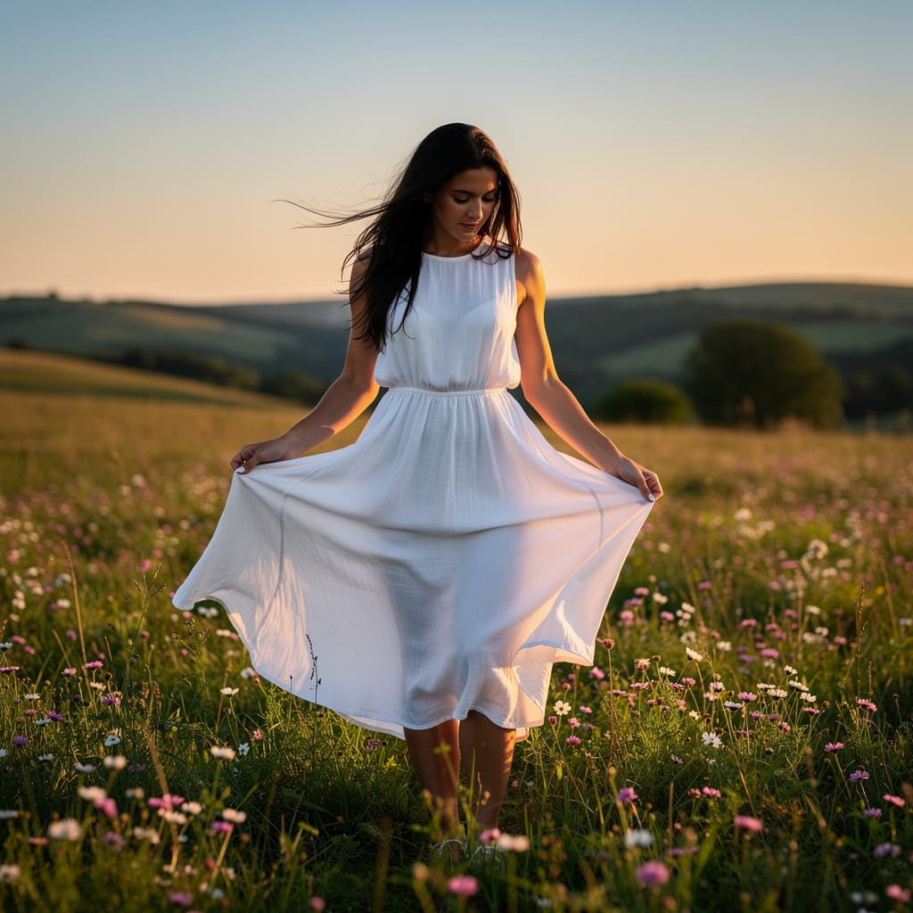 AI generated: A fit adult woman in a white sleeveless dress stands amidst a lush green field dotted with pink and ...