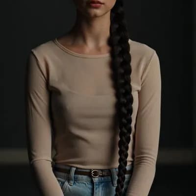 AI generated video: Cinematic movie still from an indie drama. A young woman with a very long, dark, single braided pigt...