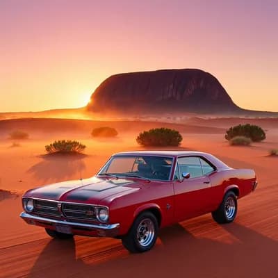 AI generated video: Ultra-realistic photograph of 80s Toyota Landcruiser parked on the Stuart Highway a desert road at s...