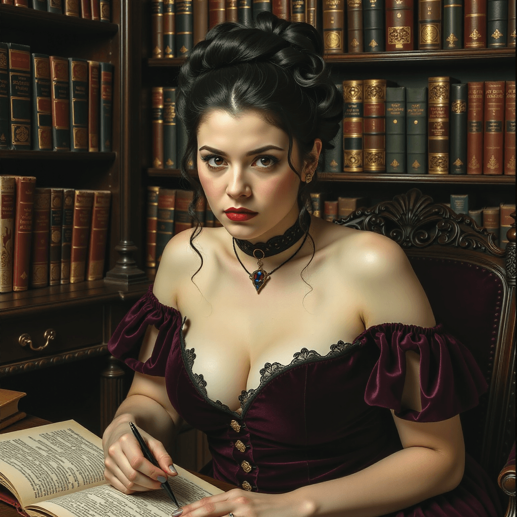 AI generated: Victorian Femme Fatale: "A demoness in a Victorian gothic setting, perhaps a dimly lit study filled ...