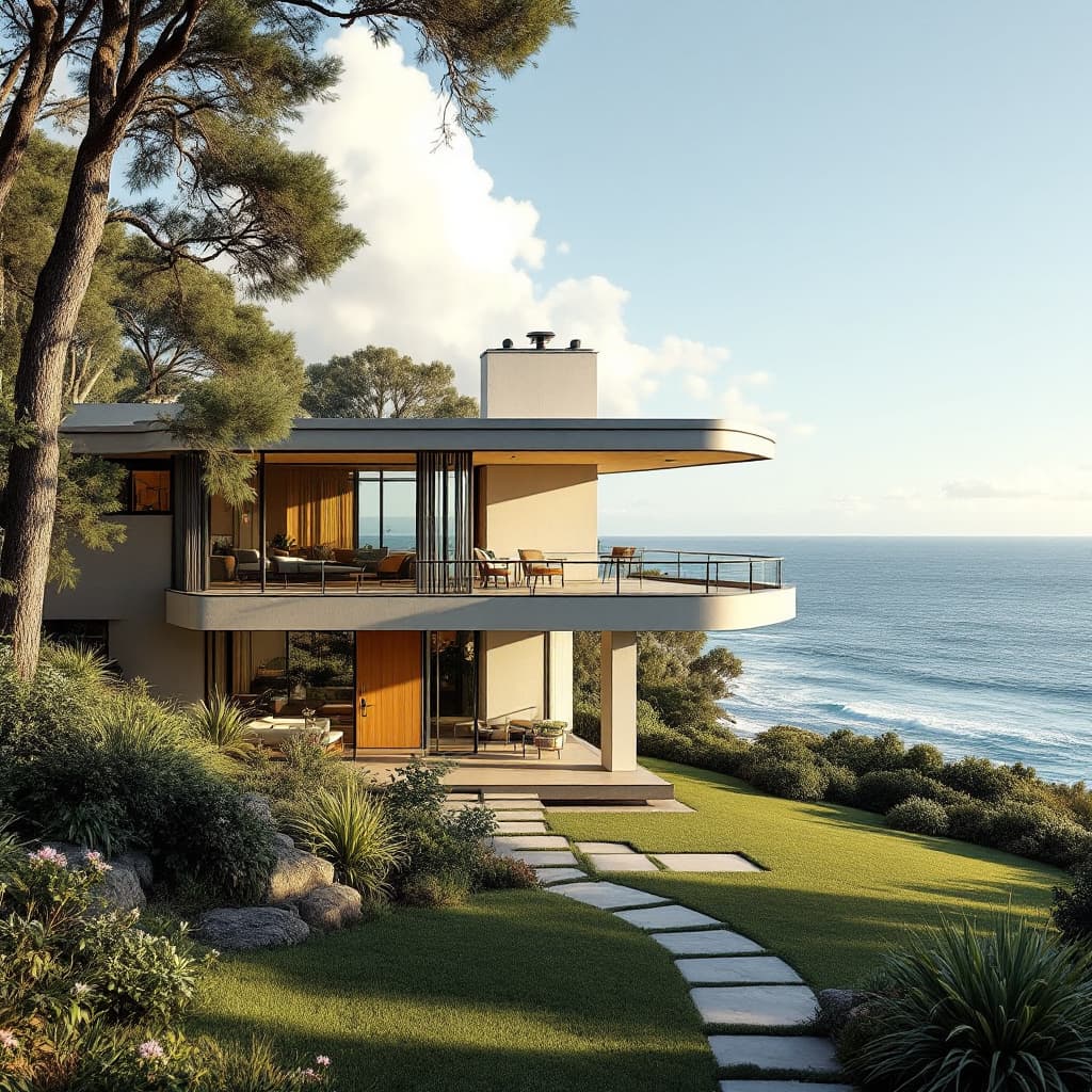 AI generated: Hyper realistic eye level exterior photo of a mid century modern style house overlooking the ocean, ...