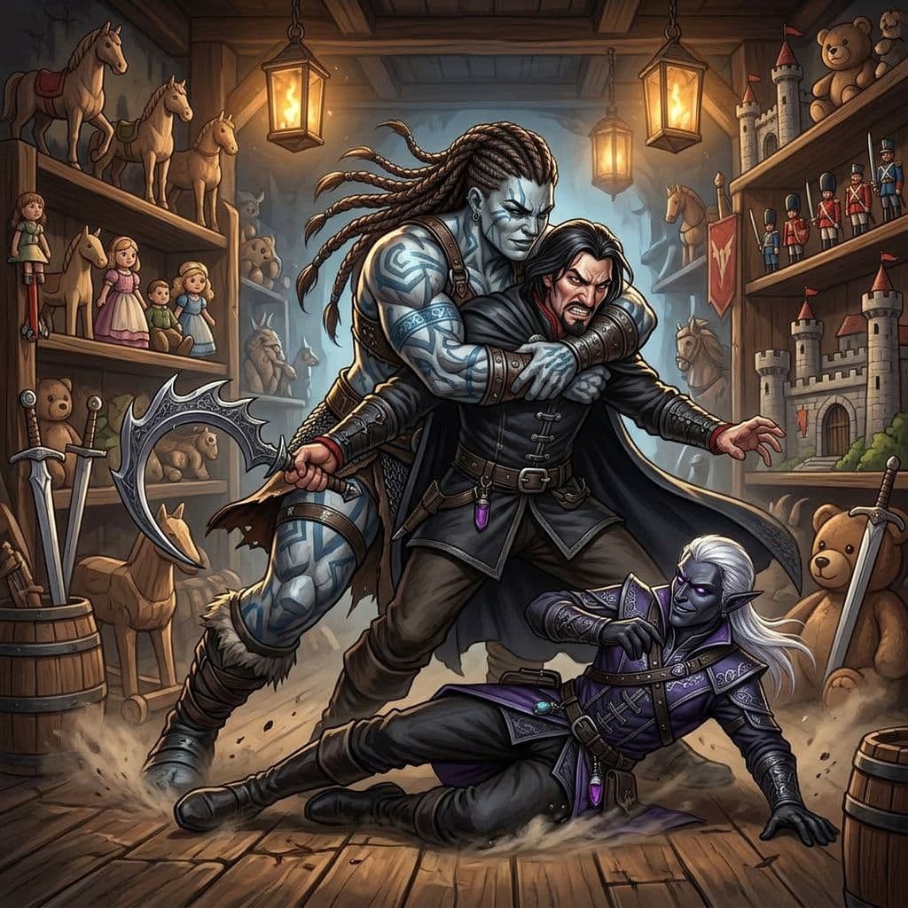 AI generated: a large goliath female bear hugs a dark haired man from behind while he tries to attack a dark elf w...
