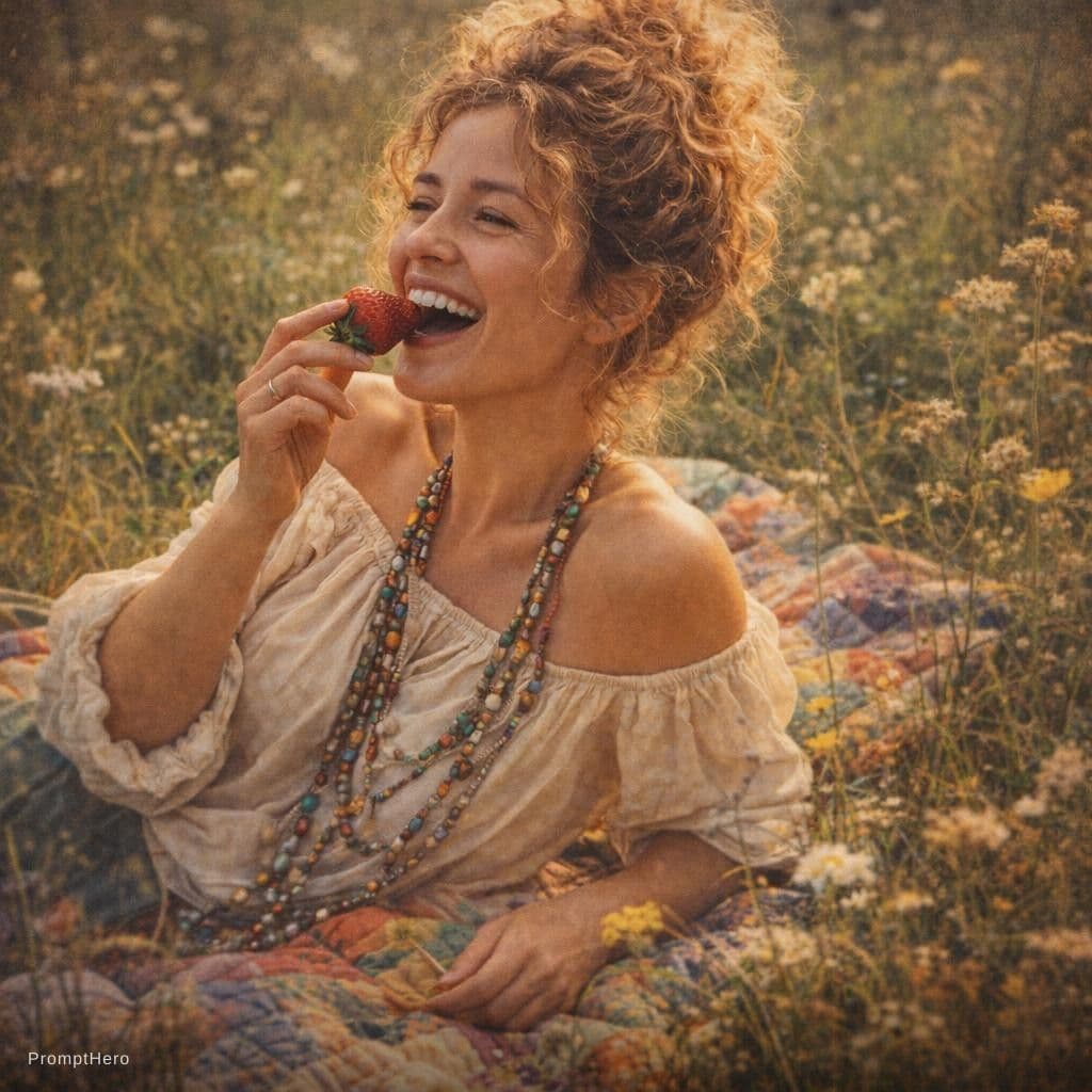 AI generated: A full-figured woman with thick, sun-kissed golden curls piled loosely atop her head lounges on a vi...