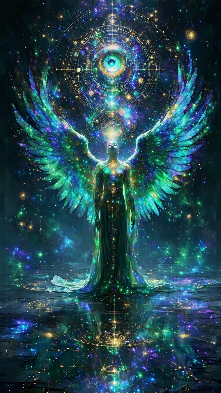 AI generated: A luminous, divine figure floats at the center of an infinite cosmic mandala, their form seamlessly ...
