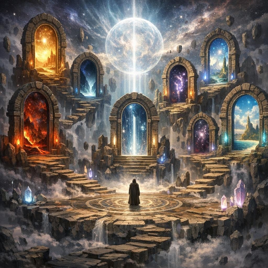 AI generated: Create a unique environment/Biome of a Gates → The Threshold Nexus (doorways to everywhere)
