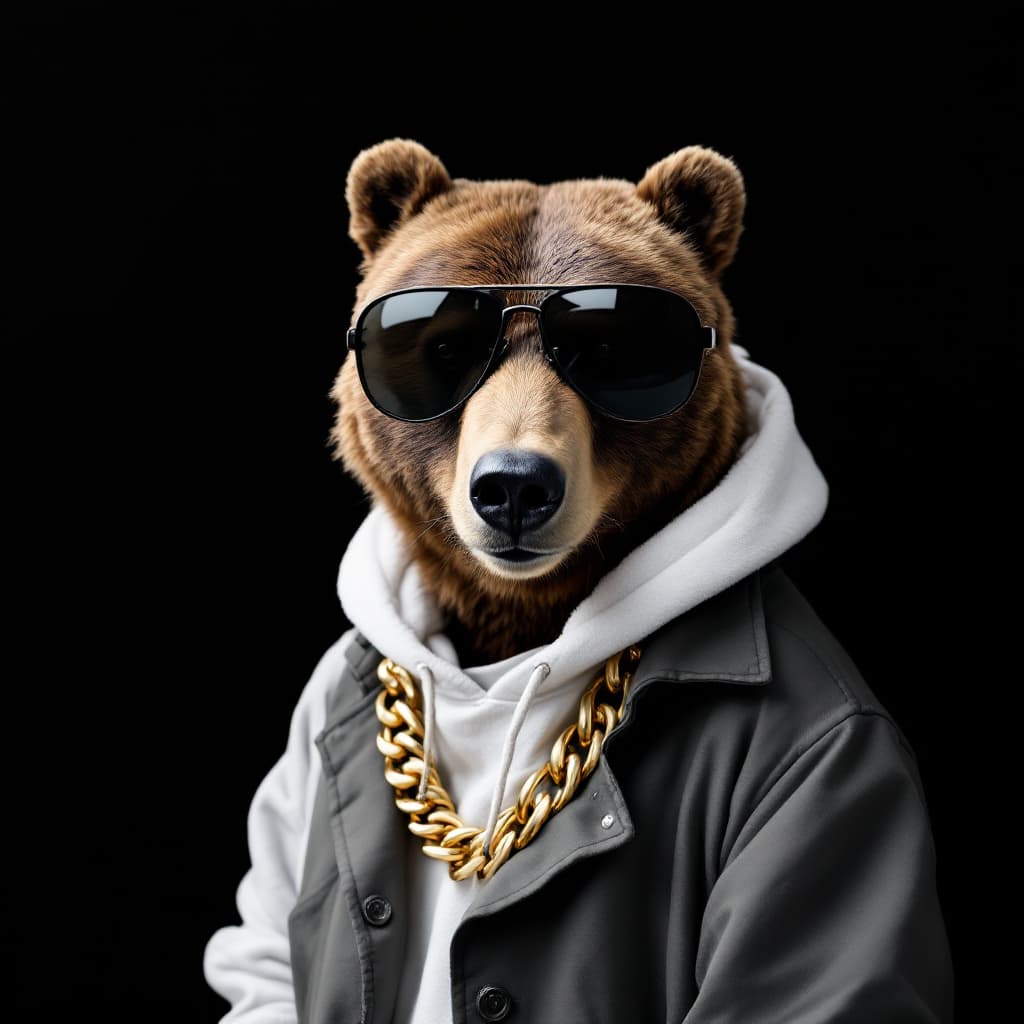 AI generated: Portrait of a Bear Dressed Trend Fashion Clothes with Golden Chain and Sun Glassed , For Fashion Pos...