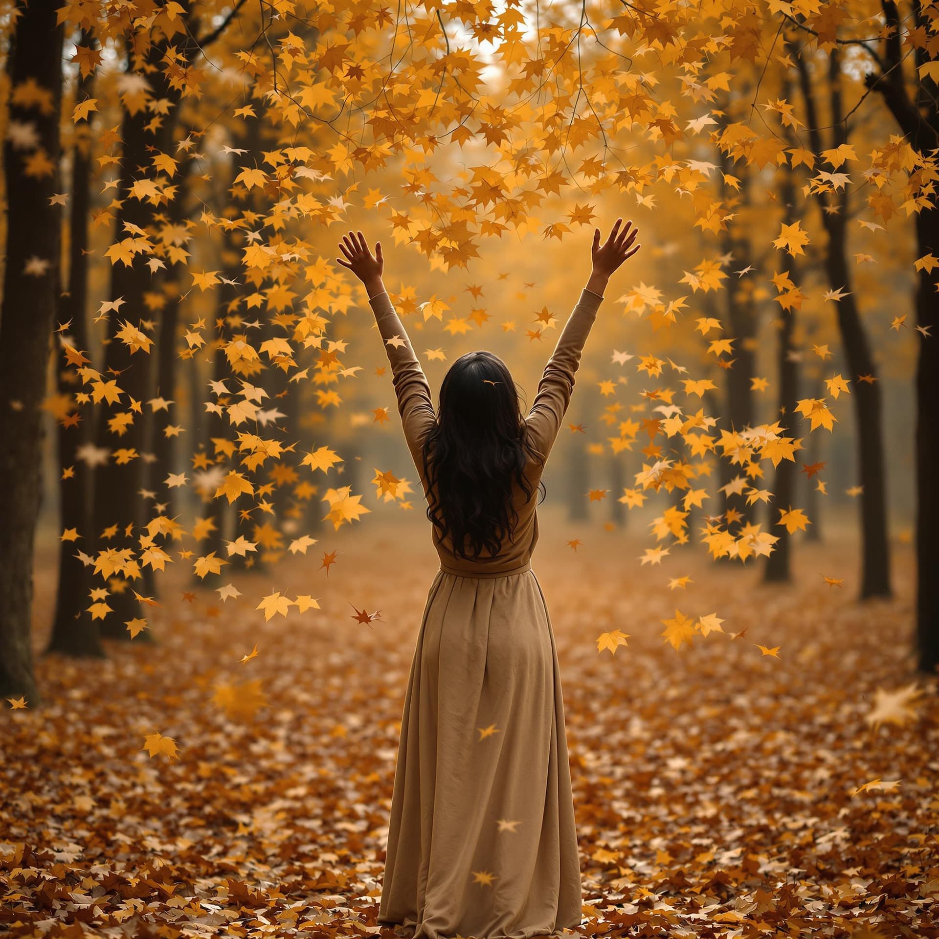 AI generated: The image captures a serene autumnal scene, where a young Indian girl  stands amidst a flurry of gol...