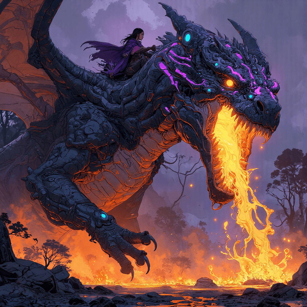 AI generated: A colossal battle-hardened dragon, its shiny black scales glowing faintly with pulses of purple, fie...